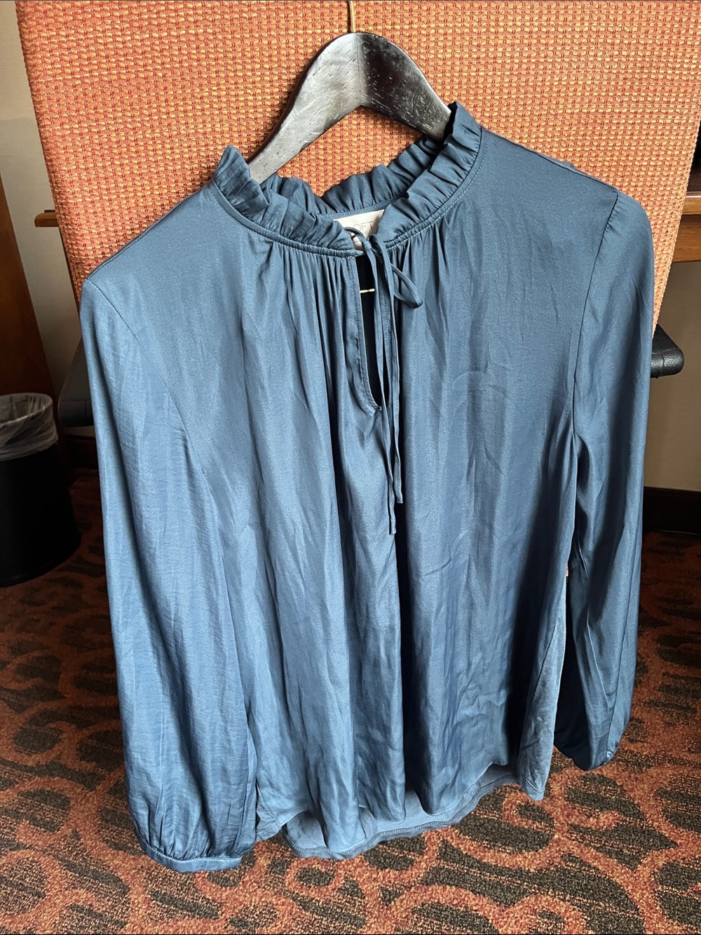 LOFT Ruffle-Neck Long-Sleeve Blouse - Teal Blue Polyester Sz Med - Picture 5 of 6